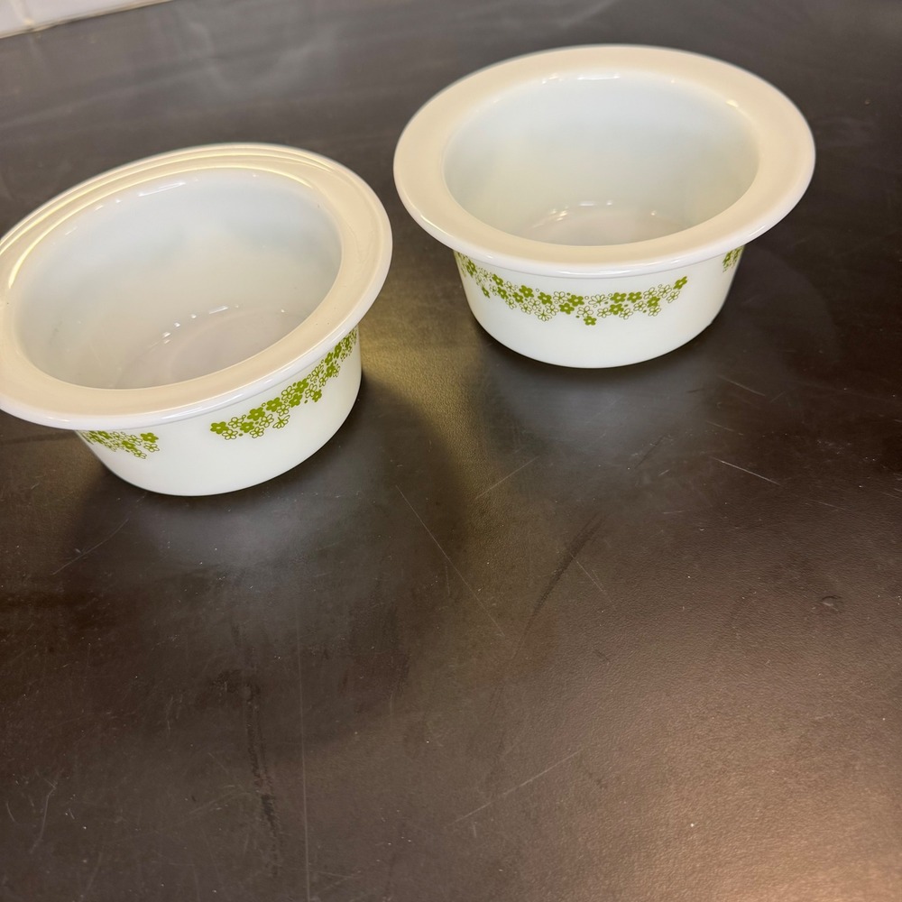 Pyrex Ramekin Set 2 Small White Green Spring Blossom Crazy Daisy Floral 10oz